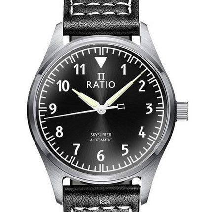 Ratio Skysurfer Pilot Black Sunray Dial Cuero Automático RTS305 200M Reloj para hombre