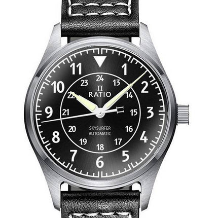 Ratio Skysurfer Pilot Black Sunray Dial Cuero Automático RTS314 200M Reloj para hombre