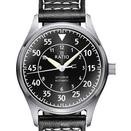 Ratio Skysurfer Pilot Black Sunray Dial Cuero Automático RTS321 200M Reloj para hombre