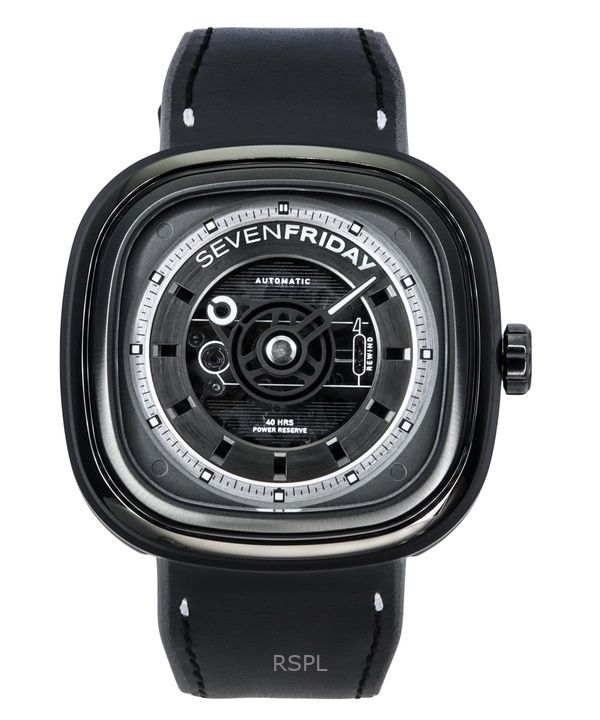 Reloj automático Sevenfriday T-Series SF-T1-04 para hombre, con correa de cuero y esfera esquelética negra y capacidad NFC