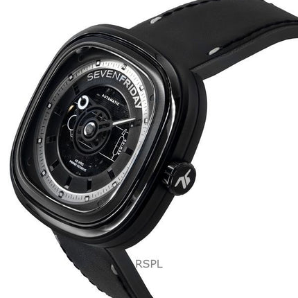 Reloj automático Sevenfriday T-Series SF-T1-04 para hombre, con correa de cuero y esfera esquelética negra y capacidad NFC