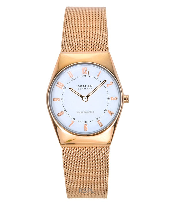 Reloj solar Skagen Grenen Lille de acero inoxidable en tono oro rosa y esfera blanca SKW3078 para mujer