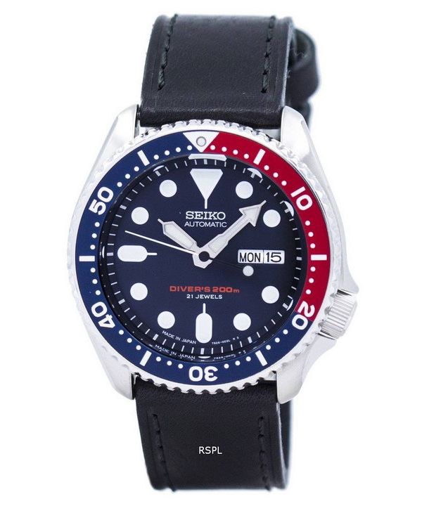 Reloj relación cuero negro SKX009J1-LS8 200M de los hombres de Seiko Automatic Diver