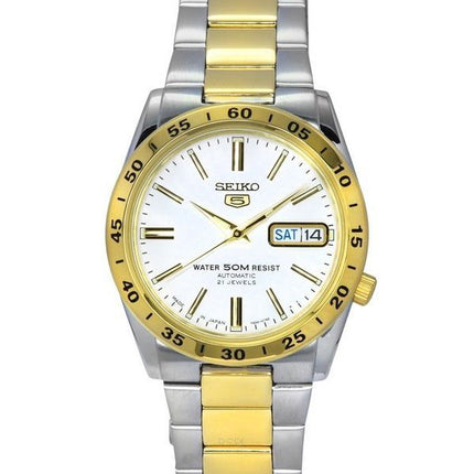 Reloj unisex Seiko 5 de dos tonos de acero inoxidable con esfera blanca y 21 joyas, automático SNKE04J1