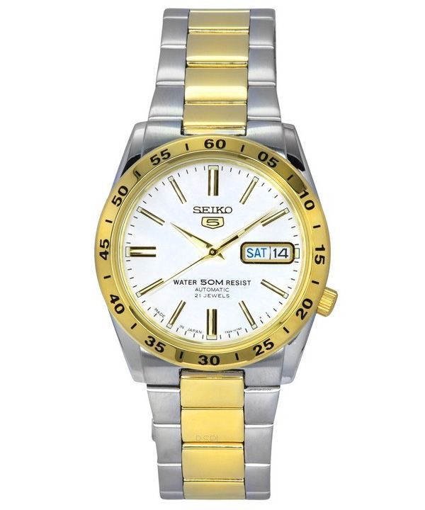 Reloj unisex Seiko 5 de dos tonos de acero inoxidable con esfera blanca y 21 joyas, automático SNKE04J1