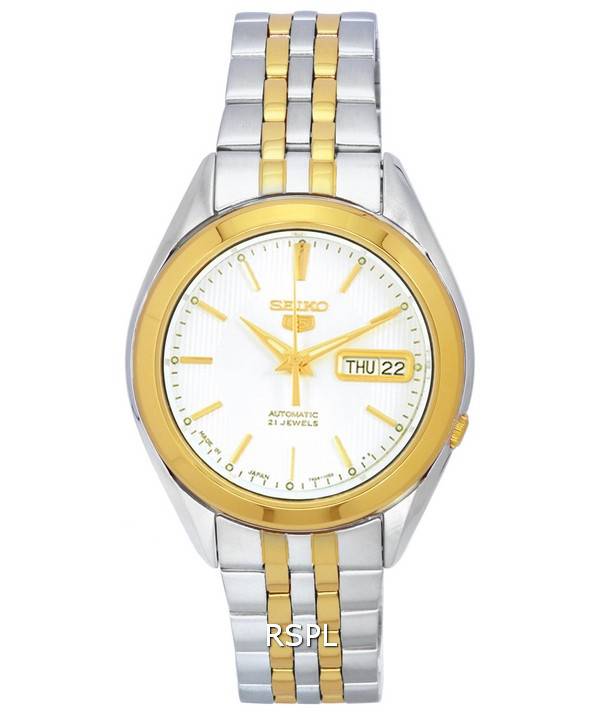 Reloj Seiko 5 de dos tonos de acero inoxidable con esfera árabe blanca automática SNKL24 SNKL24J1 SNKL24J para hombre