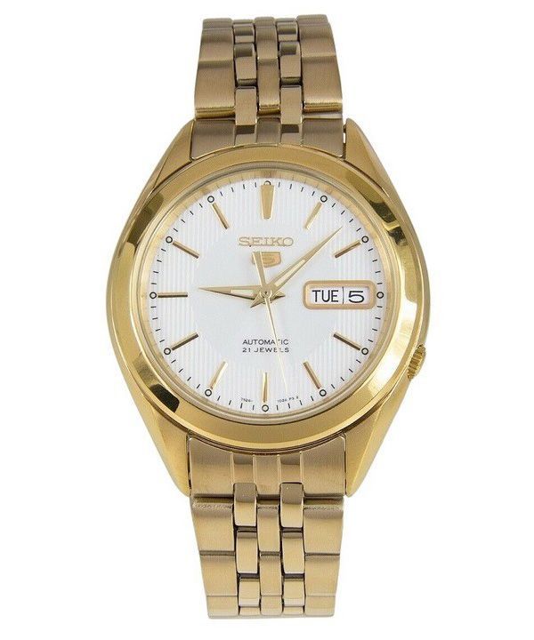 Reloj Seiko 5 de acero inoxidable en tono dorado, esfera blanca, 21 joyas, automático SNKL26K1 para hombre