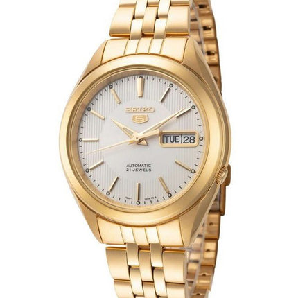 Reloj Seiko 5 de acero inoxidable en tono dorado, esfera blanca, 21 joyas, automático SNKL26K1 para hombre