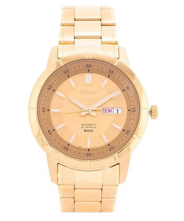 Reloj Seiko 5 dorado de acero inoxidable con esfera dorada y 21 joyas automático SNKN62K1 para hombre