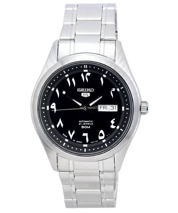 Reloj Seiko 5 de acero inoxidable con esfera árabe negra automática SNKP21 SNKP21J1 SNKP21J para hombre