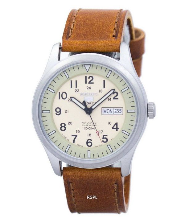 Reloj para hombre Seiko 5 Sports Military Automatic Japan Made Ratio de cuero marrón SNZG07J1-LS9