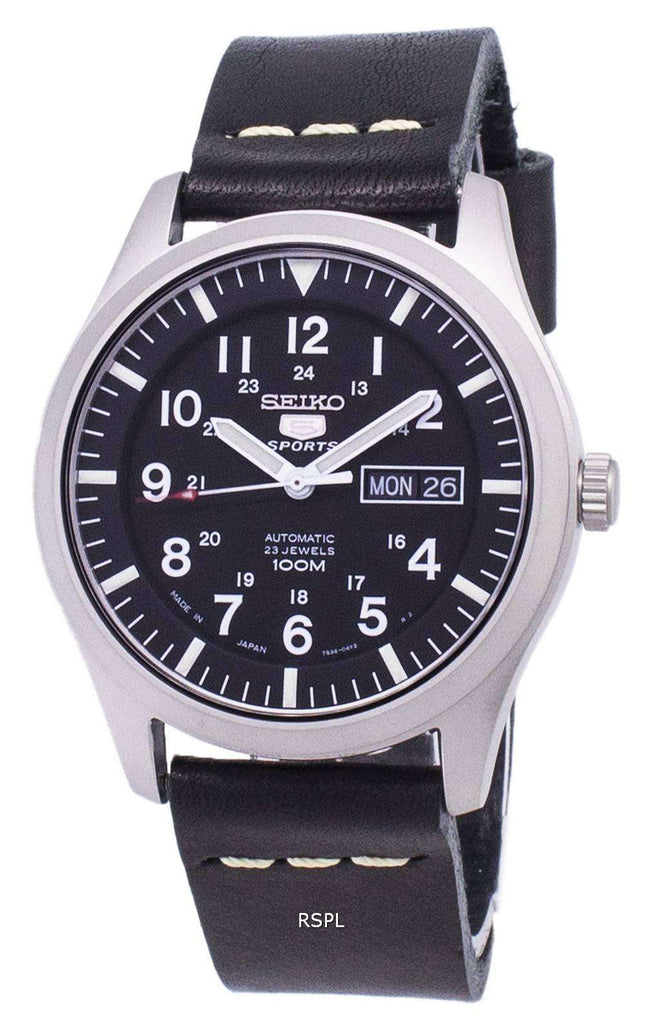 Seiko 5 Sports SNZG15J1 LS14 Japón negro cuero correa Watch de Men