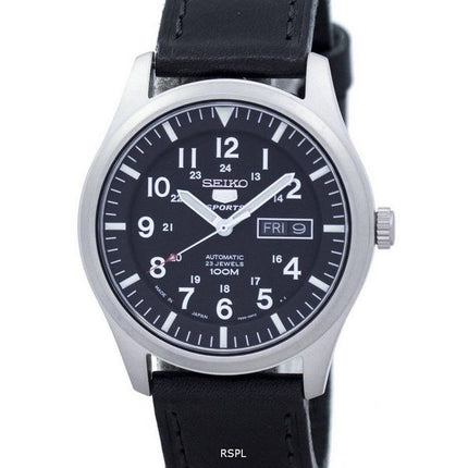 Seiko 5 Sports automático Japón hizo relación cuero negro LS8 SNZG15J1 Watch de Men