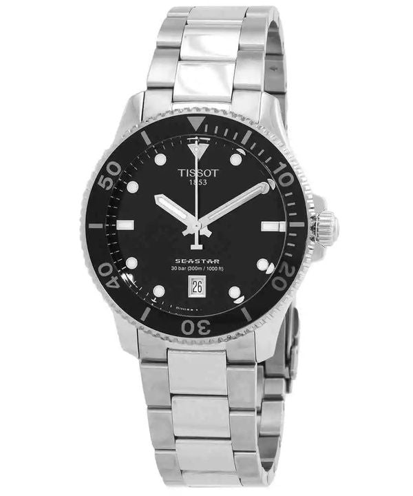 Reloj Tissot T-Sport Seastar 1000 de acero inoxidable con esfera negra, cuarzo, para buceo, T120.410.11.051.00, 300 m, para homb