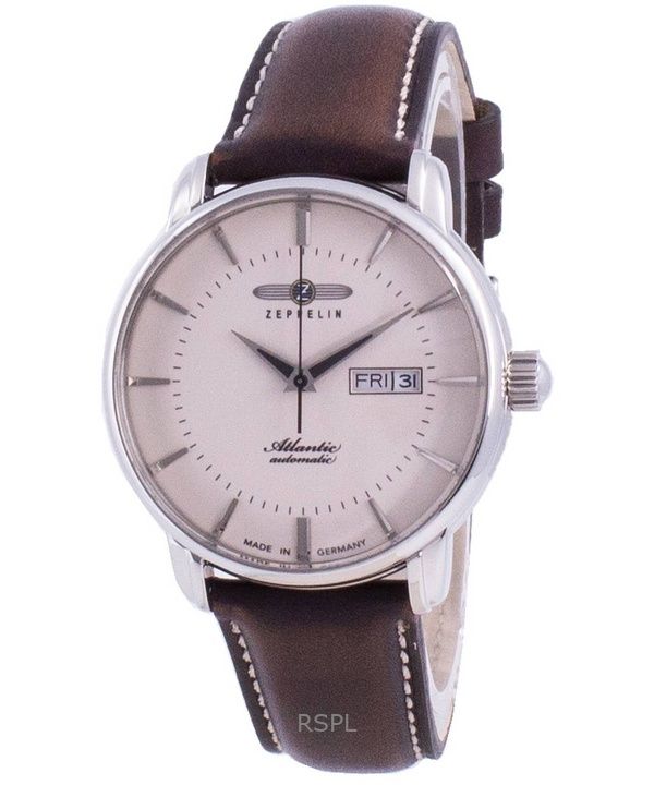 Reloj Zeppelin Atlantic con correa de piel y esfera beige, automático, 84665, para hombre, reacondicionado