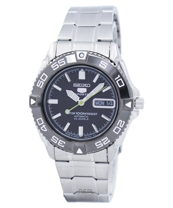 Reloj Seiko 5 Sports de acero inoxidable con esfera negra y automático SNZB23J1 100M para hombre reacondicionado