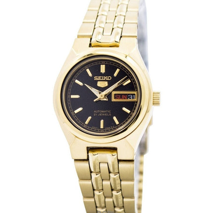 Reloj automático Seiko 5 de acero inoxidable en tono dorado con esfera negra SYMA06K1 para mujer renovado