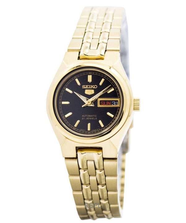 Reloj automático Seiko 5 de acero inoxidable en tono dorado con esfera negra SYMA06K1 para mujer renovado