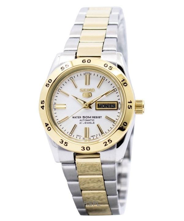 Reloj Seiko 5 Sports automático de acero inoxidable en dos tonos con esfera plateada SYMG42K1 para mujer renovado