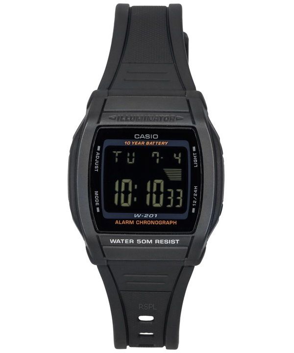 Casio Digital Sports resina correa esfera negra cuarzo W-201-1B reloj para hombre