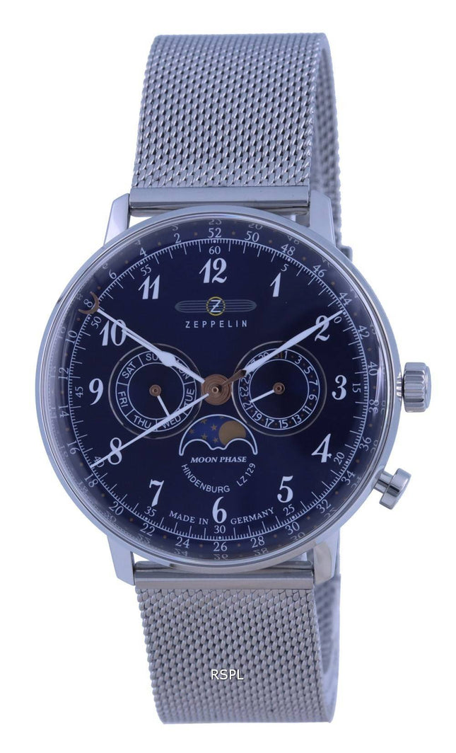 Zeppelin LZ 129 Hindenburg Fase lunar Esfera azul Cuarzo 7036M-3 7036M3 Reloj para hombre