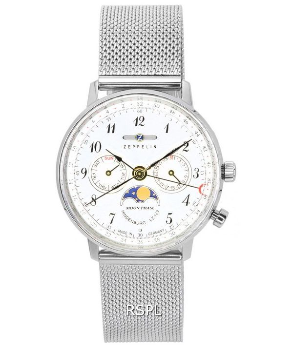 Zeppelin LZ129 Hindenburg Fase lunar Esfera plateada Cuarzo 7037M1 Reloj para mujer