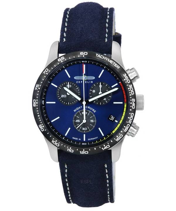 Zeppelin Night Cruise Cronógrafo Correa de cuero Esfera azul Cuarzo 7288-3 100M Reloj para hombre