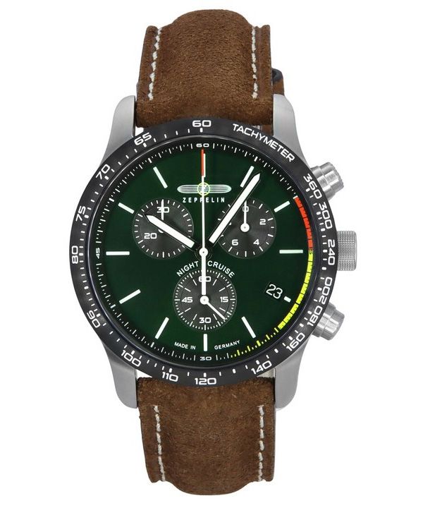 Zeppelin Night Cruise Cronógrafo Correa de cuero Esfera verde Cuarzo 72884 100M Reloj para hombre