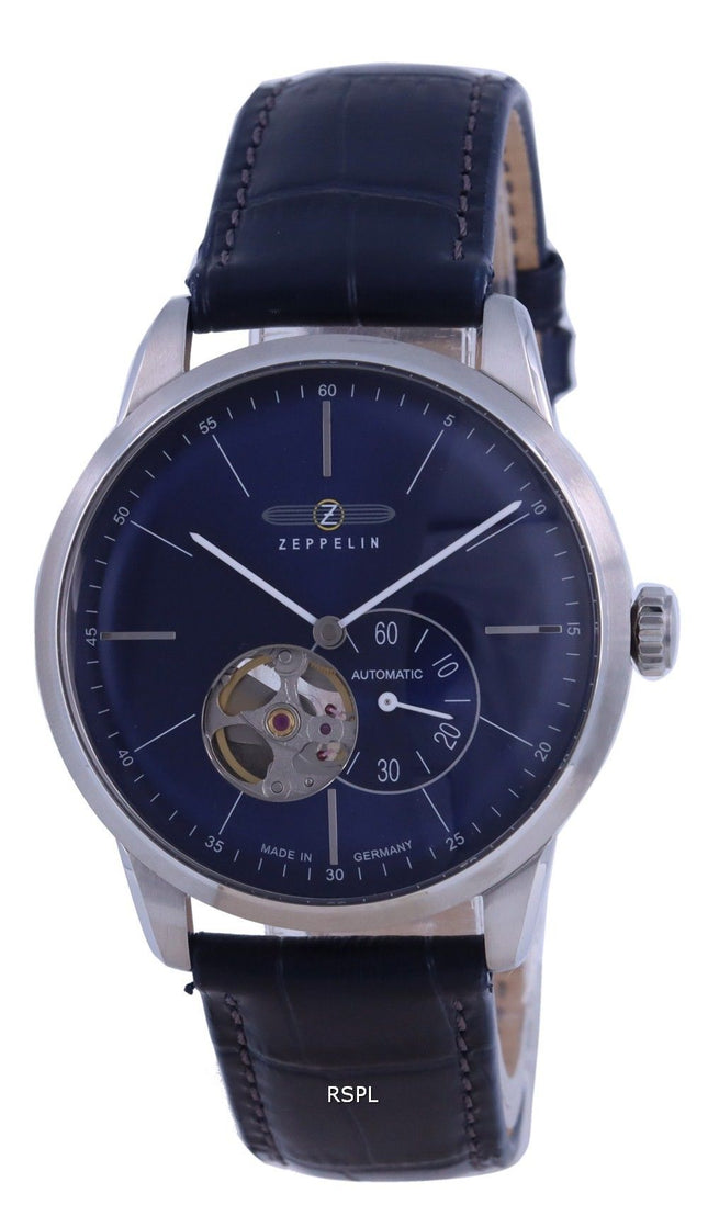 Reloj para hombre Zeppelin Flatline Open Heart con esfera azul y correa de cuero automático 7364-3 73643