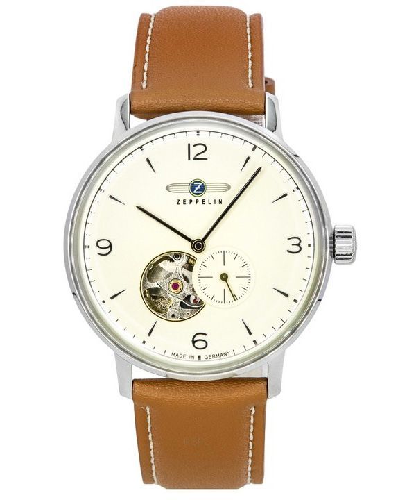 Zeppelin LZ129 Hindenburg Correa de cuero Corazón abierto Beige Dial Automático 80665N Reloj para hombre