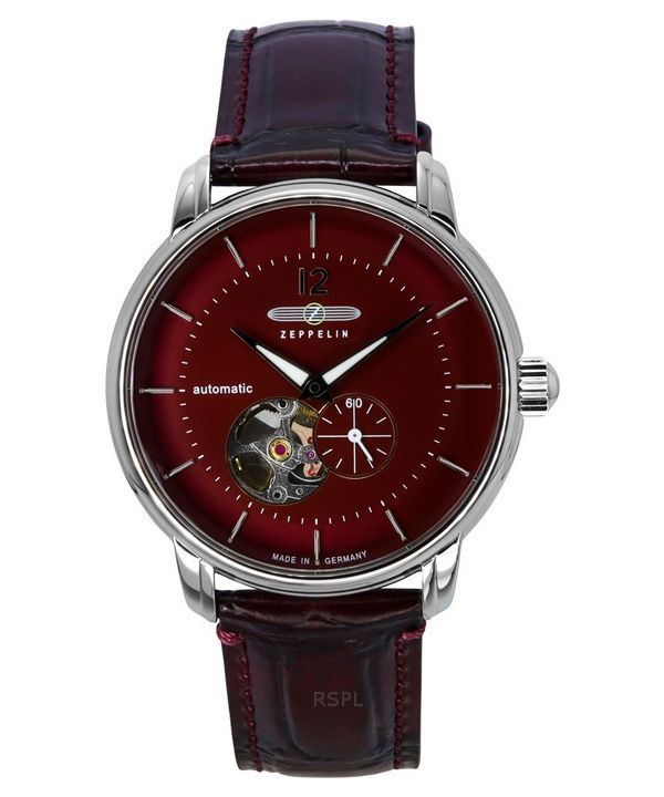 Reloj Zeppelin LZ 120 Bodensee con correa de piel y esfera roja abierta, automático, 81665, para hombre