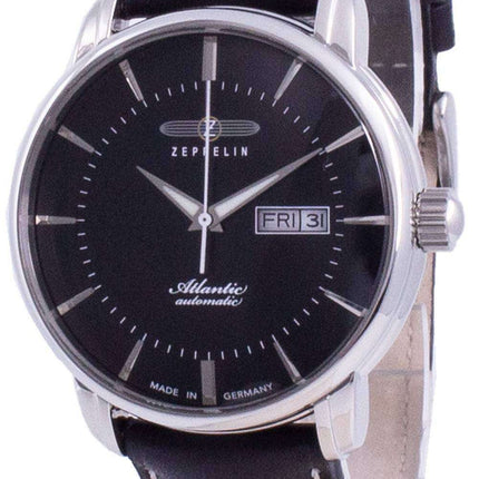 Reloj Zeppelin Atlantik con esfera negra y correa de cuero automático 8466-2 84662 para hombre