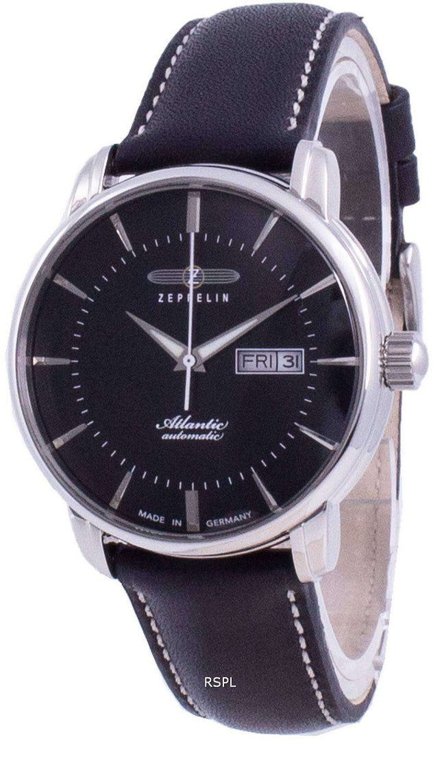 Reloj Zeppelin Atlantik con esfera negra y correa de cuero automático 8466-2 84662 para hombre