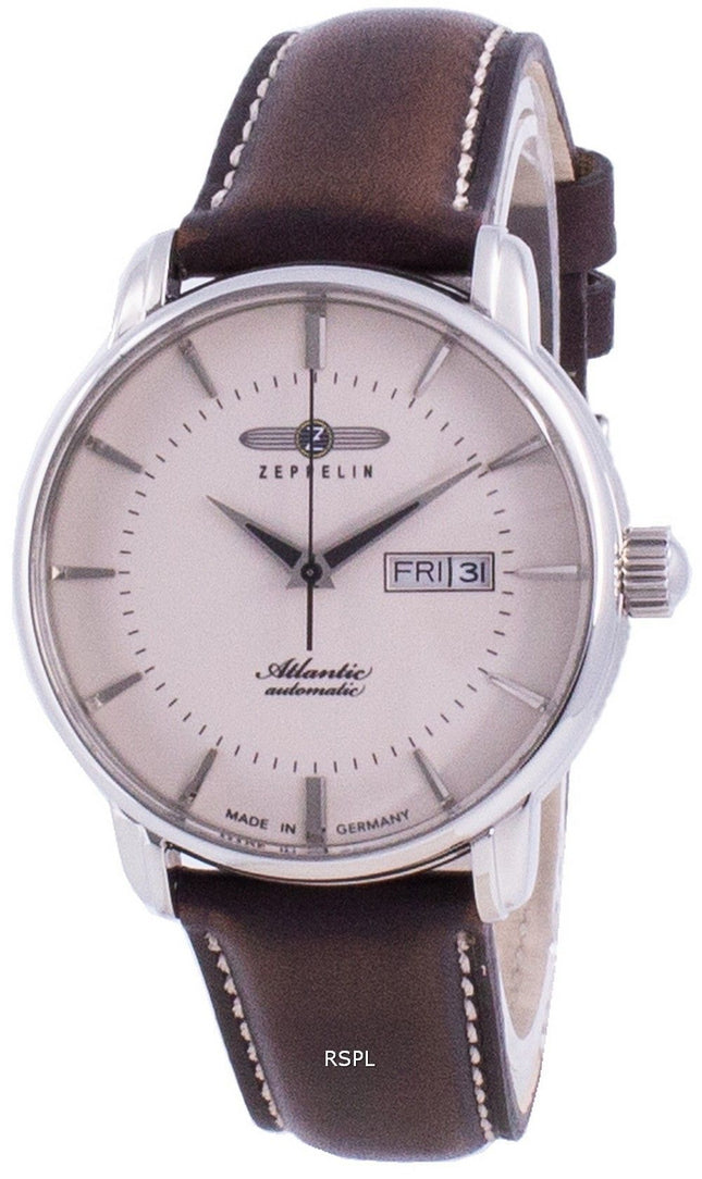 Zeppelin Atlantik Beige Dial Correa de cuero Automático 8466-5 84665 Reloj para hombre