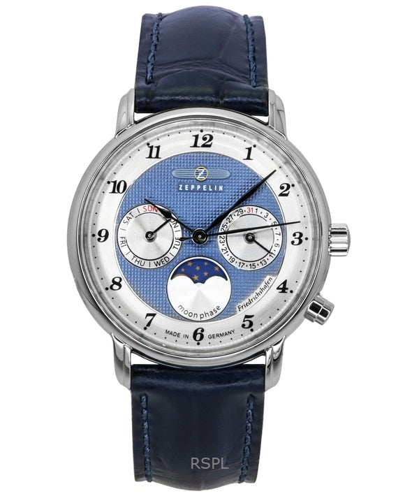 Reloj Zeppelin Friedrichshafen Moon Phase para mujer, correa de piel, esfera azul, cuarzo, 85373