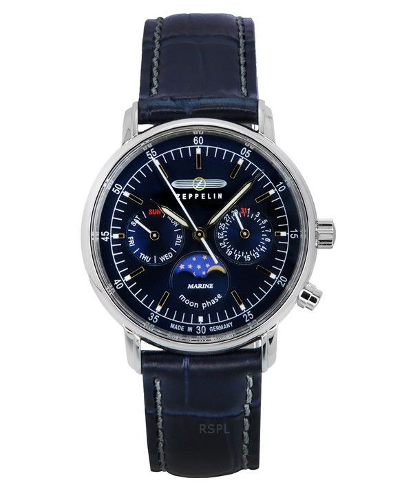 Reloj Zeppelin LZ14 Marine Moonphase con correa de cuero y esfera azul de cuarzo 86353 para mujer