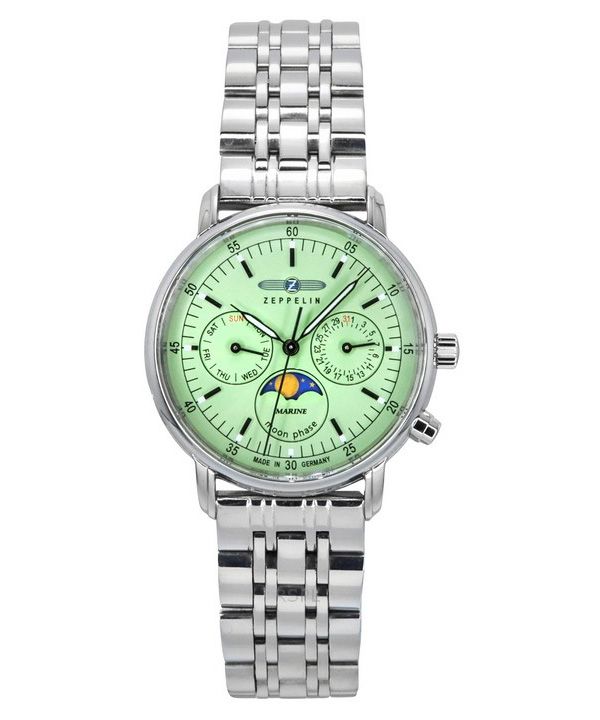 Reloj Zeppelin LZ 14 Marine Moon Phase de acero inoxidable con esfera verde de cuarzo 8637M4 para mujer