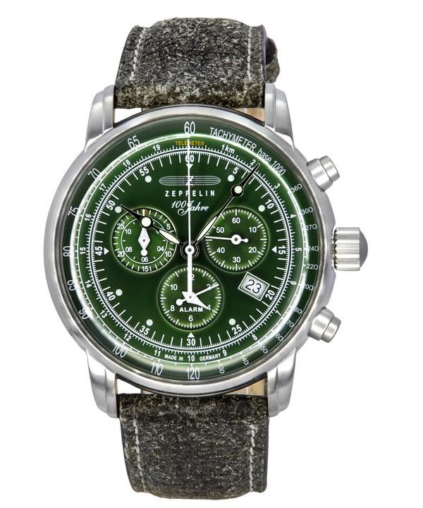 Zeppelin 100 Jahre Cronógrafo Correa de cuero Esfera verde Cuarzo 86804 Reloj para hombre