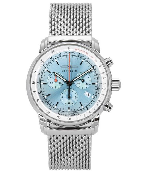 Zeppelin LZ14 Reloj cronógrafo marino de acero inoxidable con esfera azul hielo y cuarzo 8886M3 para hombre