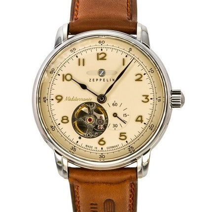 Reloj Zeppelin Mediterranee con correa de cuero y corazón abierto, esfera beige, automático 96665 para hombre