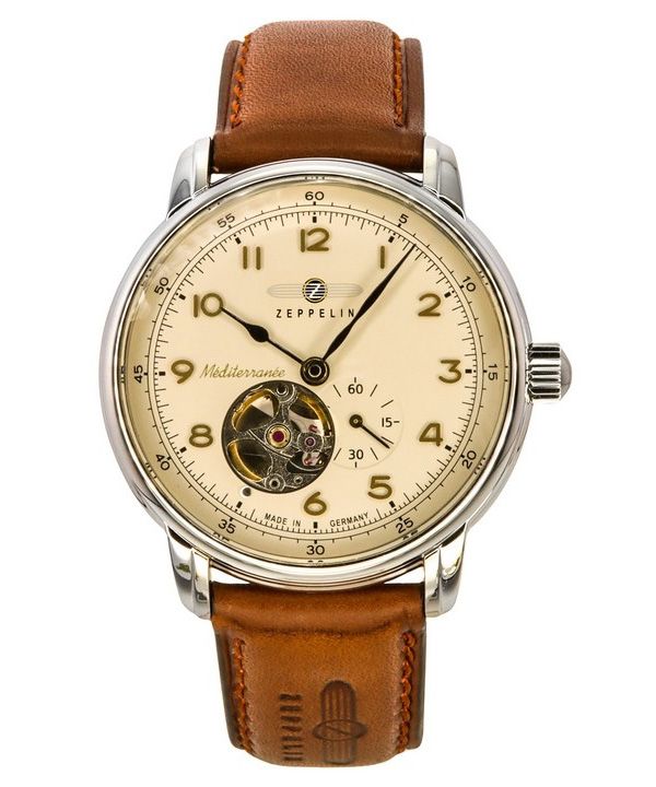 Reloj Zeppelin Mediterranee con correa de cuero y corazón abierto, esfera beige, automático 96665 para hombre