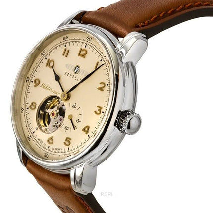 Reloj Zeppelin Mediterranee con correa de cuero y corazón abierto, esfera beige, automático 96665 para hombre