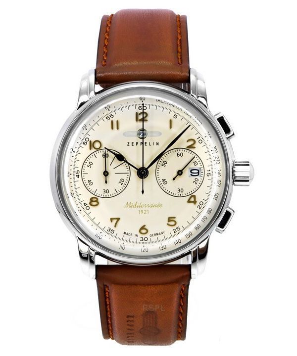 Reloj Zeppelin Mediterranee cronógrafo con correa de cuero y esfera beige de cuarzo 96705 para hombre