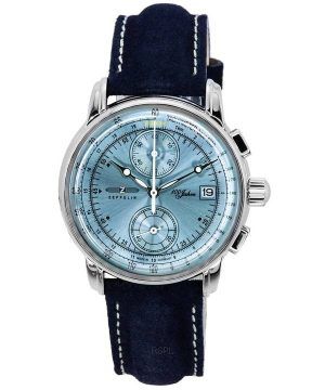 Zeppelin 100 Jahre Cronógrafo Correa de cuero Azul hielo Dial Cuarzo 86704 Reloj para hombre