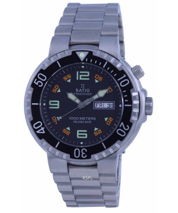 Ratio FreeDiver Reloj para hombre con esfera negra y acero inoxidable de cuarzo 1050HA93-19V-BLK 1000M