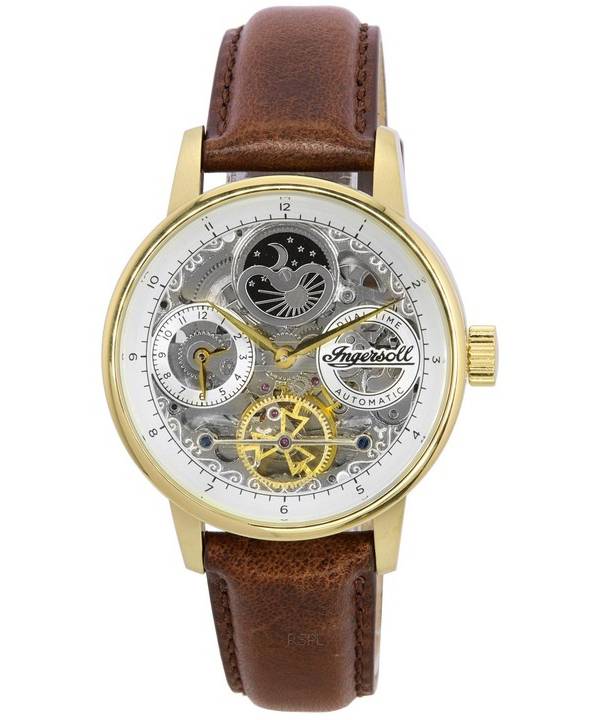 Ingersoll The Jazz Moon Phase Correa de cuero Skeleton Gold Dial Automático I07704 Reloj para hombre