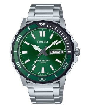 Reloj Casio estándar analógico de acero inoxidable con esfera verde y cuarzo MTD-125D-3AV 100M para hombre