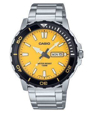 Reloj Casio estándar analógico de acero inoxidable con esfera amarilla y cuarzo MTD-125D-9AV 100M para hombre