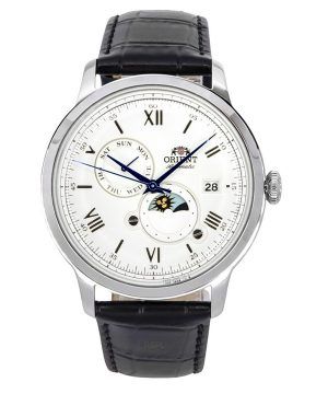 Orient Bambino Versión 9 Fase solar y lunar Correa de cuero Esfera blanca Automático RA-AK0802S10B Reloj para hombre