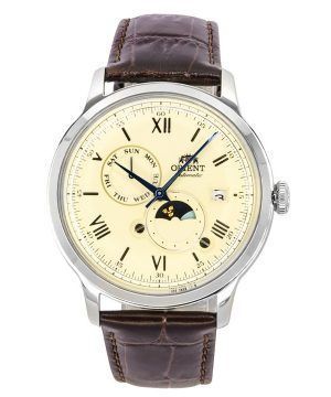 Reloj para hombre Orient Bambino versión 9 con fase solar y lunar, correa de cuero, esfera color champán, automático RA-AK0803Y1